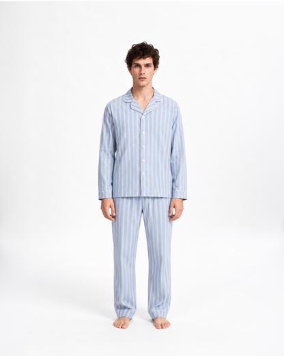 Pigiama lungo a camicia in cotone a righe Marsella celeste