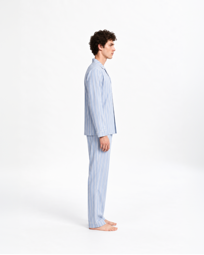 Pigiama lungo a camicia in cotone a righe Marsella celeste