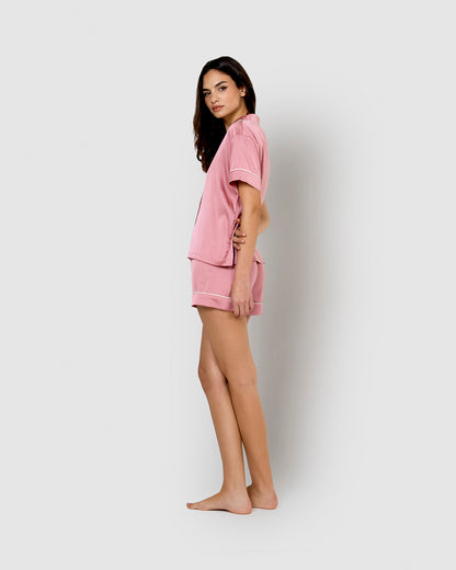 Short-sleeved satin pajamas, plain mauve