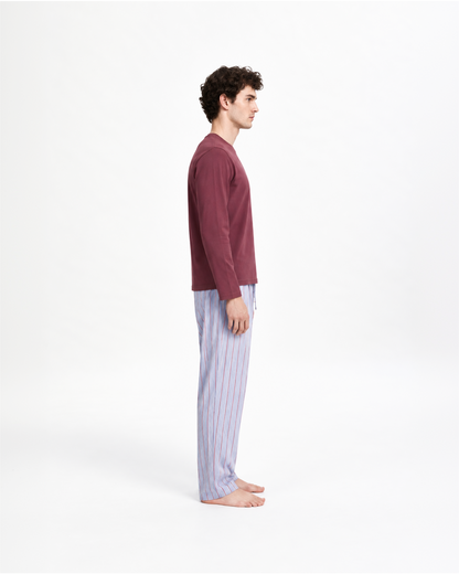 Pijama largo de algodón raya ciel burdeos