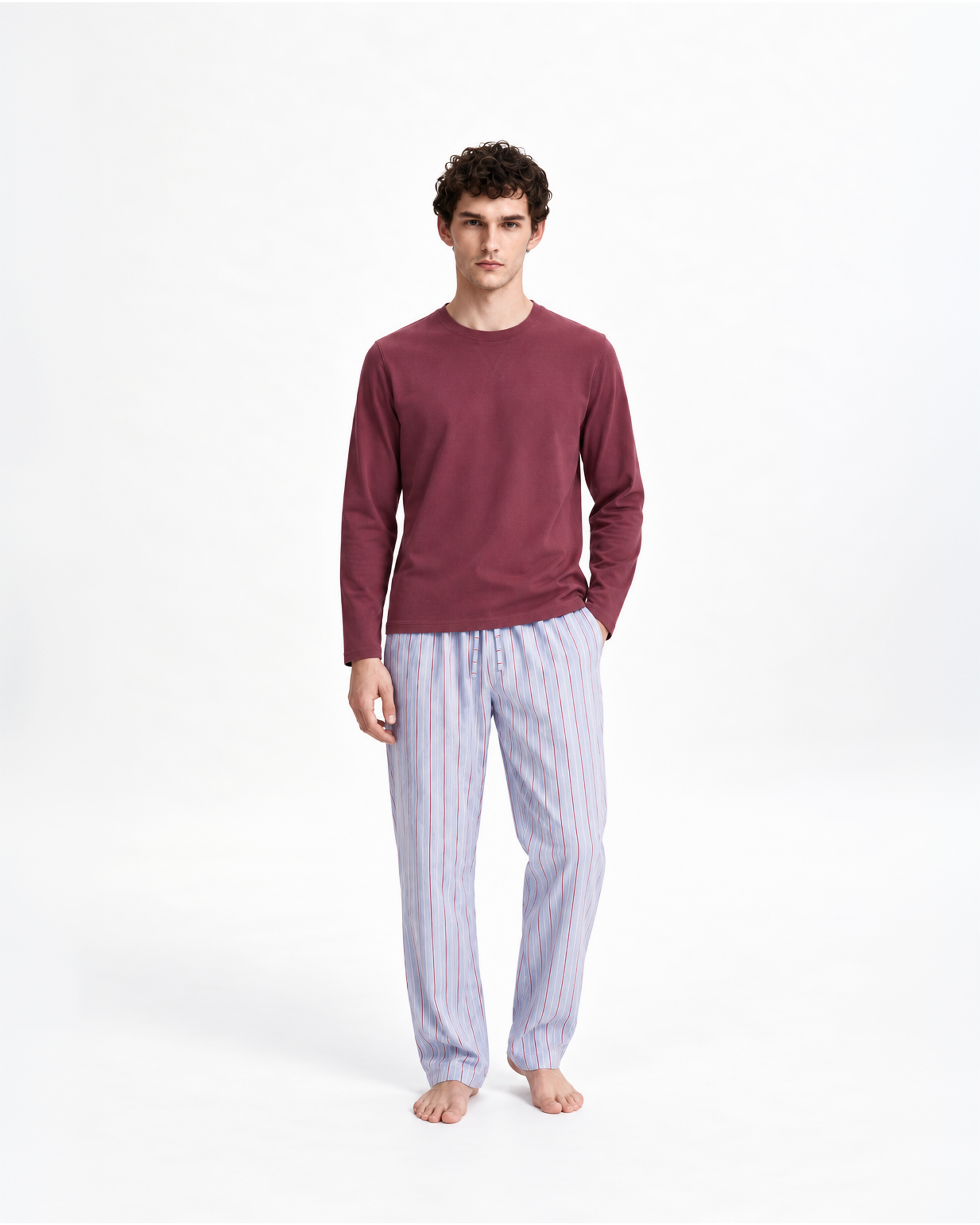 Pijama largo de algodón raya ciel burdeos