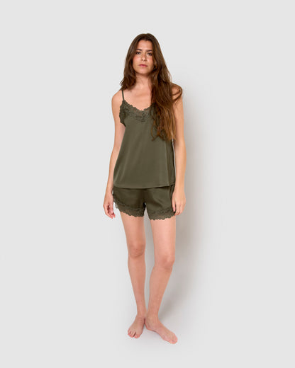 Pijama feminino de cetim com suspensórios, liso, sexta-feira