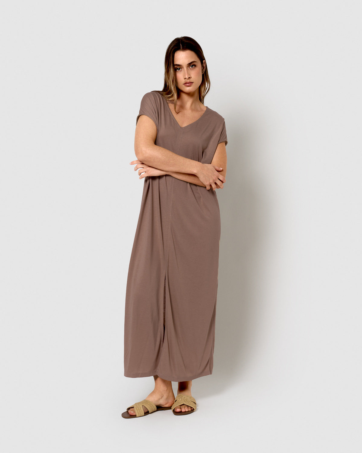 Vestido largo viscosa beige