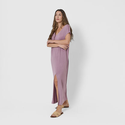 Vestito lungo con manica fluida in viscosa tinta unita