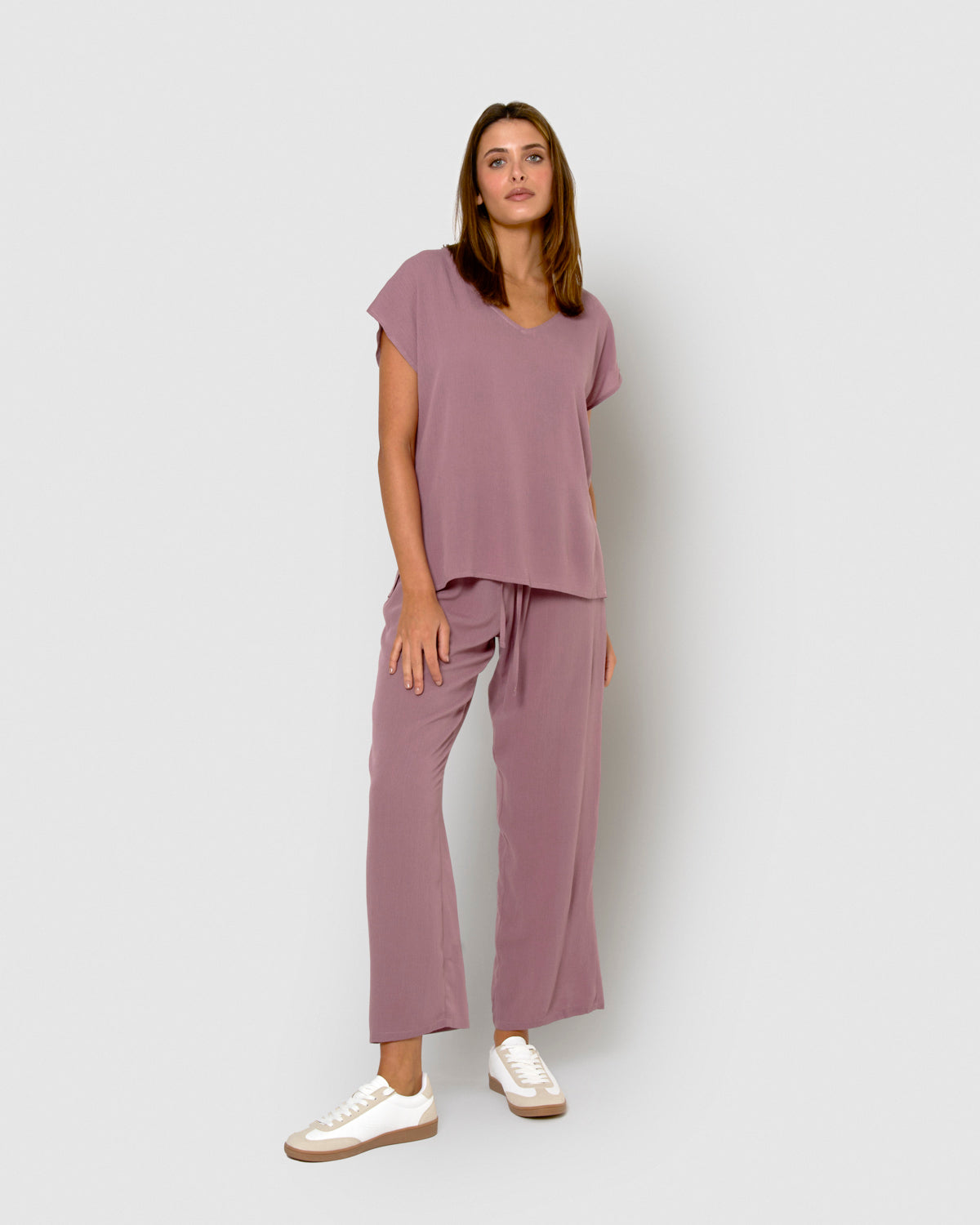 T-shirt à manches fluides en mélange uni de viscose et de coton