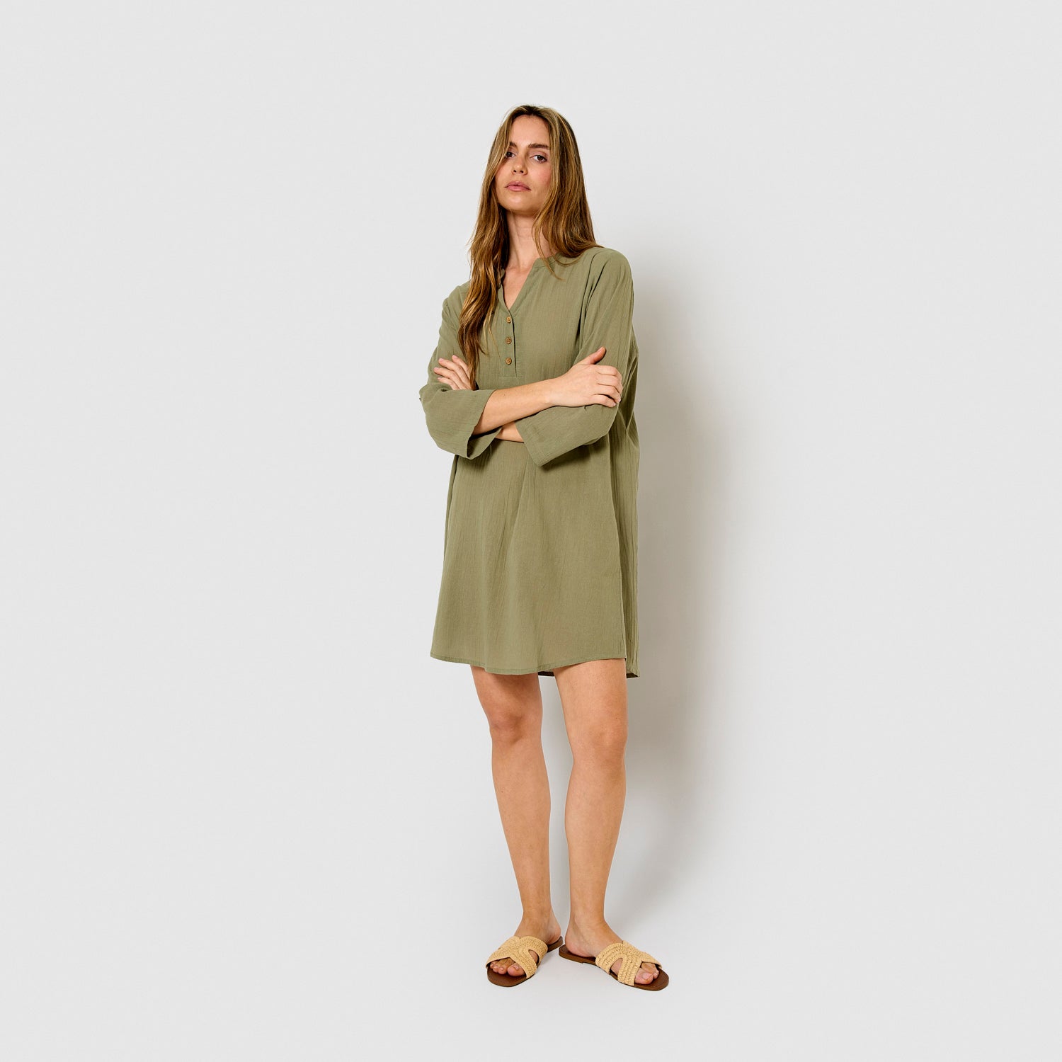 Vestido corto algodón liso verde cacería