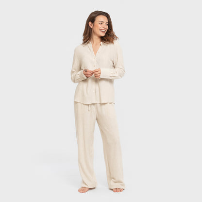 Pantaloni lunghi in lino tinta unita da donna