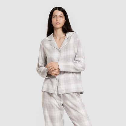 Pijama franela manga larga camisero mujer Cuadro Portland celeste