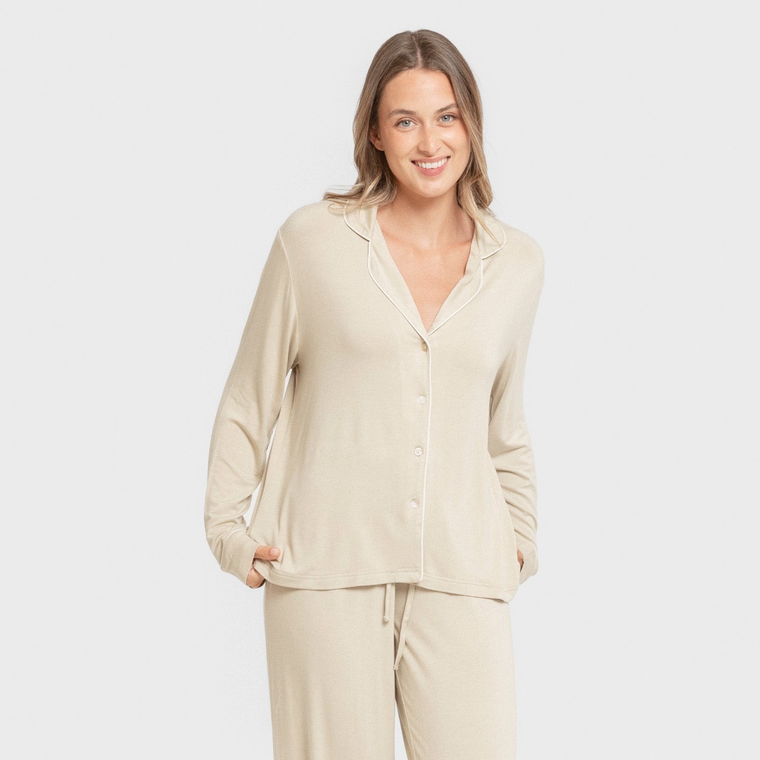 Pijama manga larga camisero viscosa punto mujer Beige