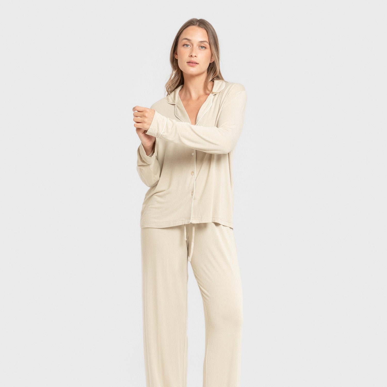 Pijama manga larga camisero viscosa punto mujer Beige