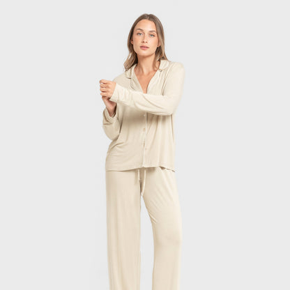 Pijama manga larga camisero viscosa punto mujer Beige