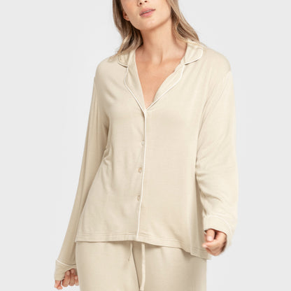 Pijama manga larga camisero viscosa punto mujer Beige