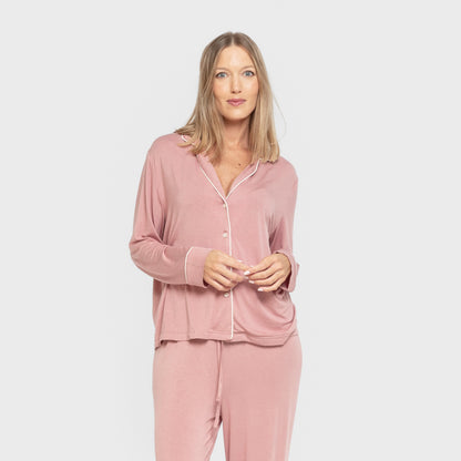 Pijama manga larga camisero viscosa punto mujer Rosa Malva
