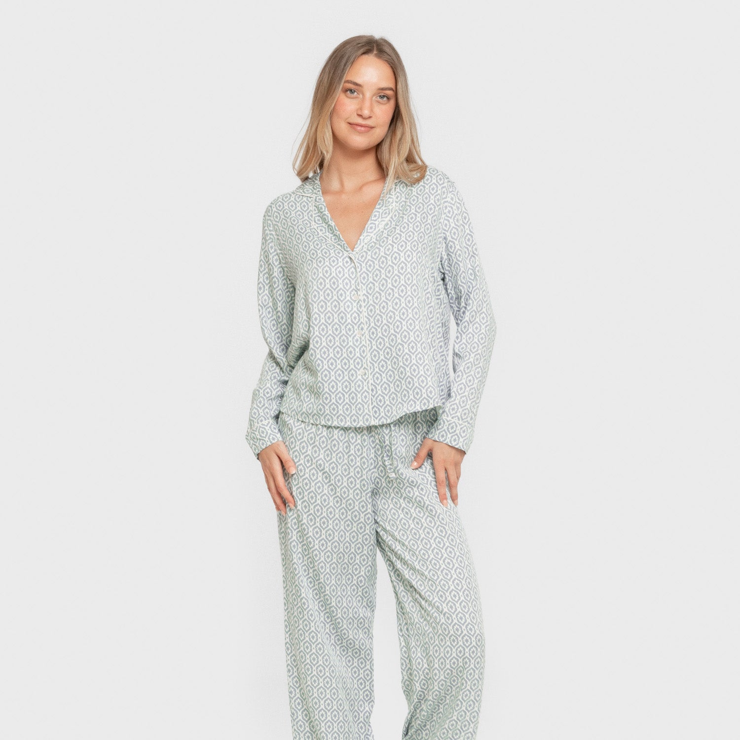 Pijama Manga Larga Camisero Viscosa Mujer Orquidea Agua Marina