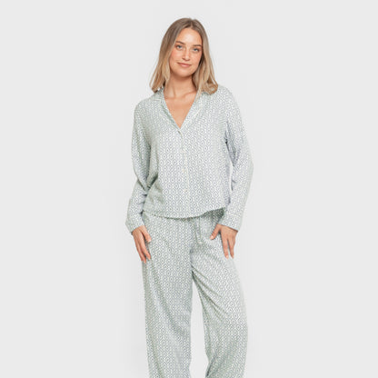Pijama Manga Larga Camisero Viscosa Mujer Orquidea Agua Marina