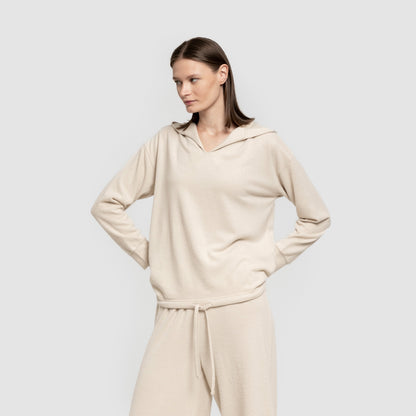 Sudadera capucha new punto extra suave mujer beige