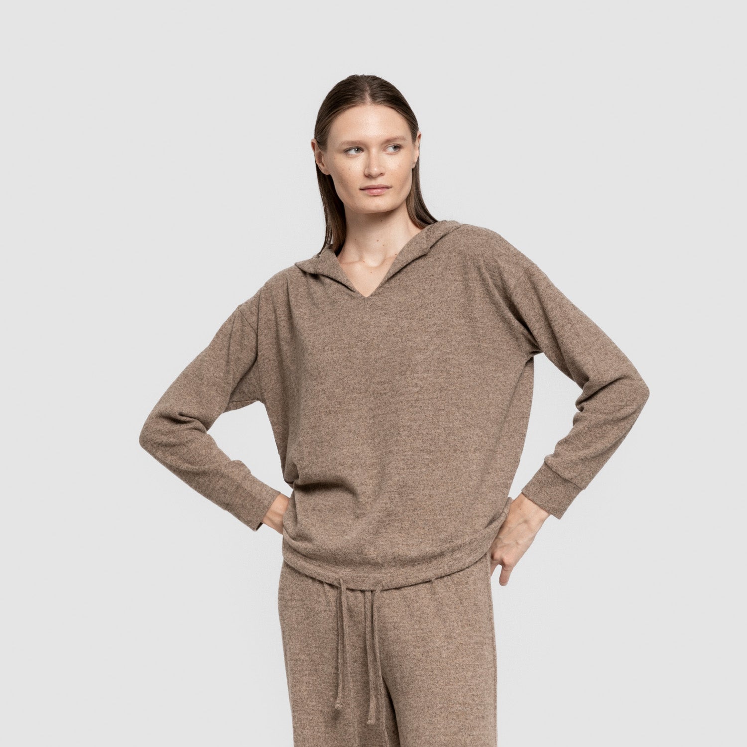 Sudadera capucha new punto extra suave mujer marrón