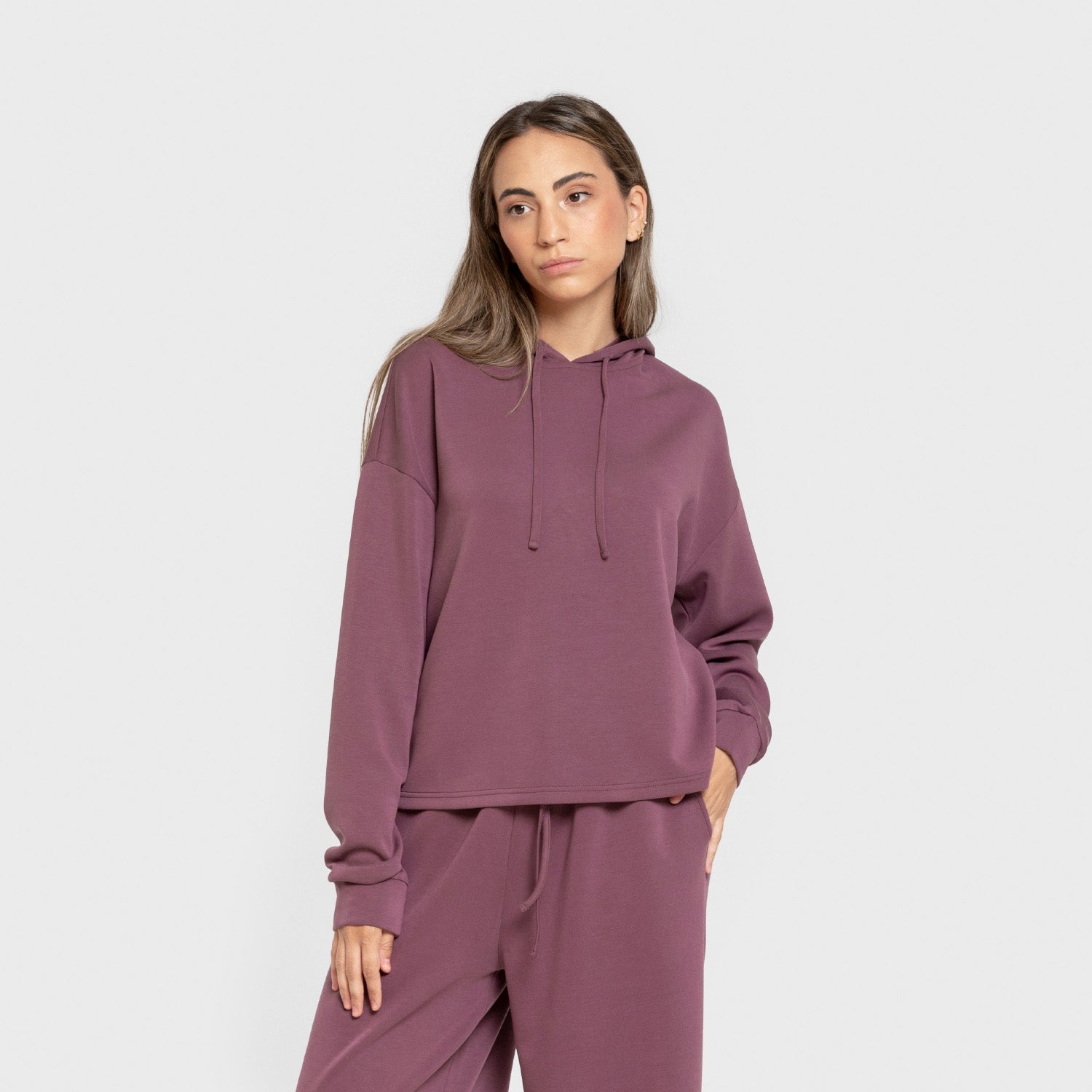 Sudadera capucha estilo modal mujer berenjena