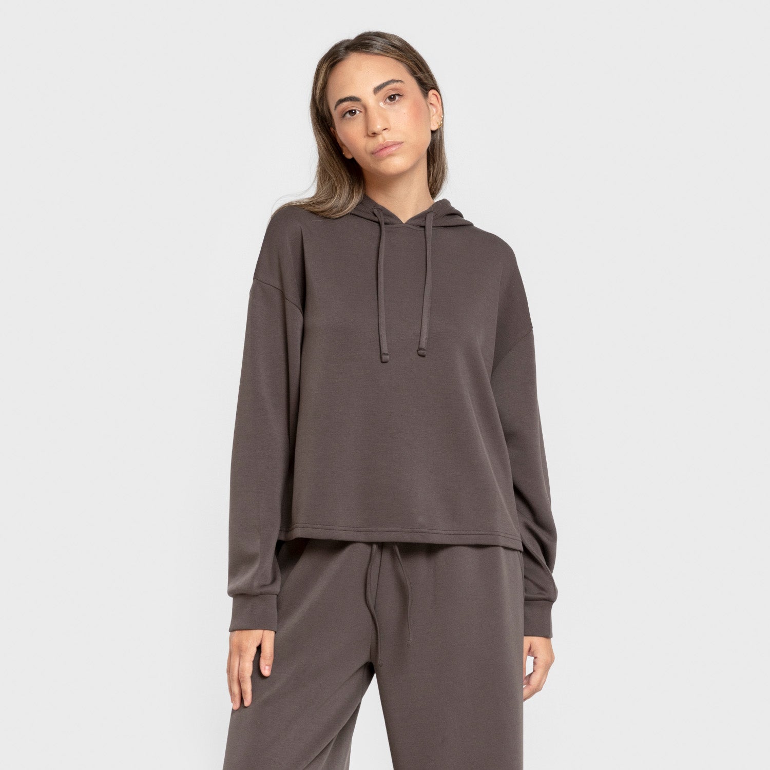 Sudadera capucha estilo modal mujer gris marengo