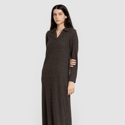 Vestido largo manga larga solapa 4x2 canalé mujer gris marengo