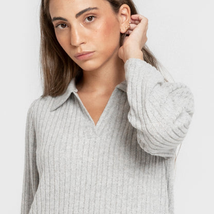 Vestido largo manga larga solapa 4x2 canalé mujer gris