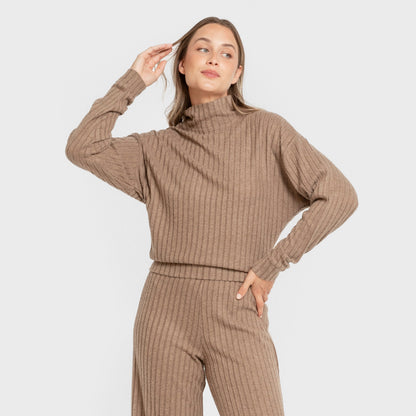 Jersey cuello subido crop 4x2 canalé mujer