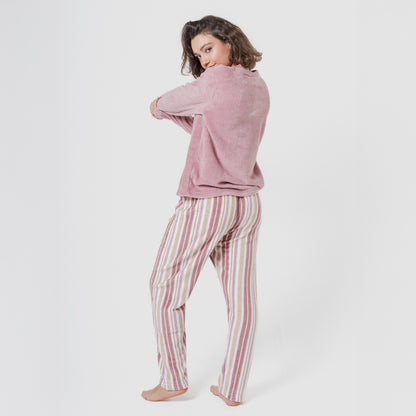 Pijama listrado coral com estampa de calêndula