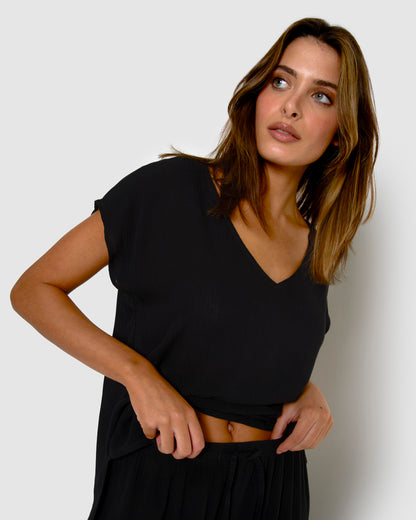 Women's long trousers in black viscose and chambray fabric
