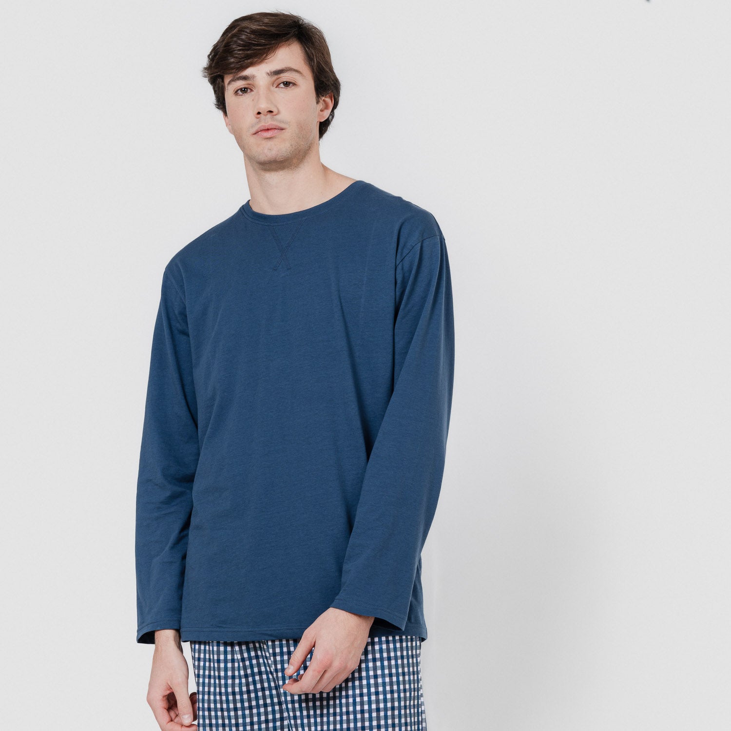 Pijama largo de hombre de algodón de cuadro joshua azul marino