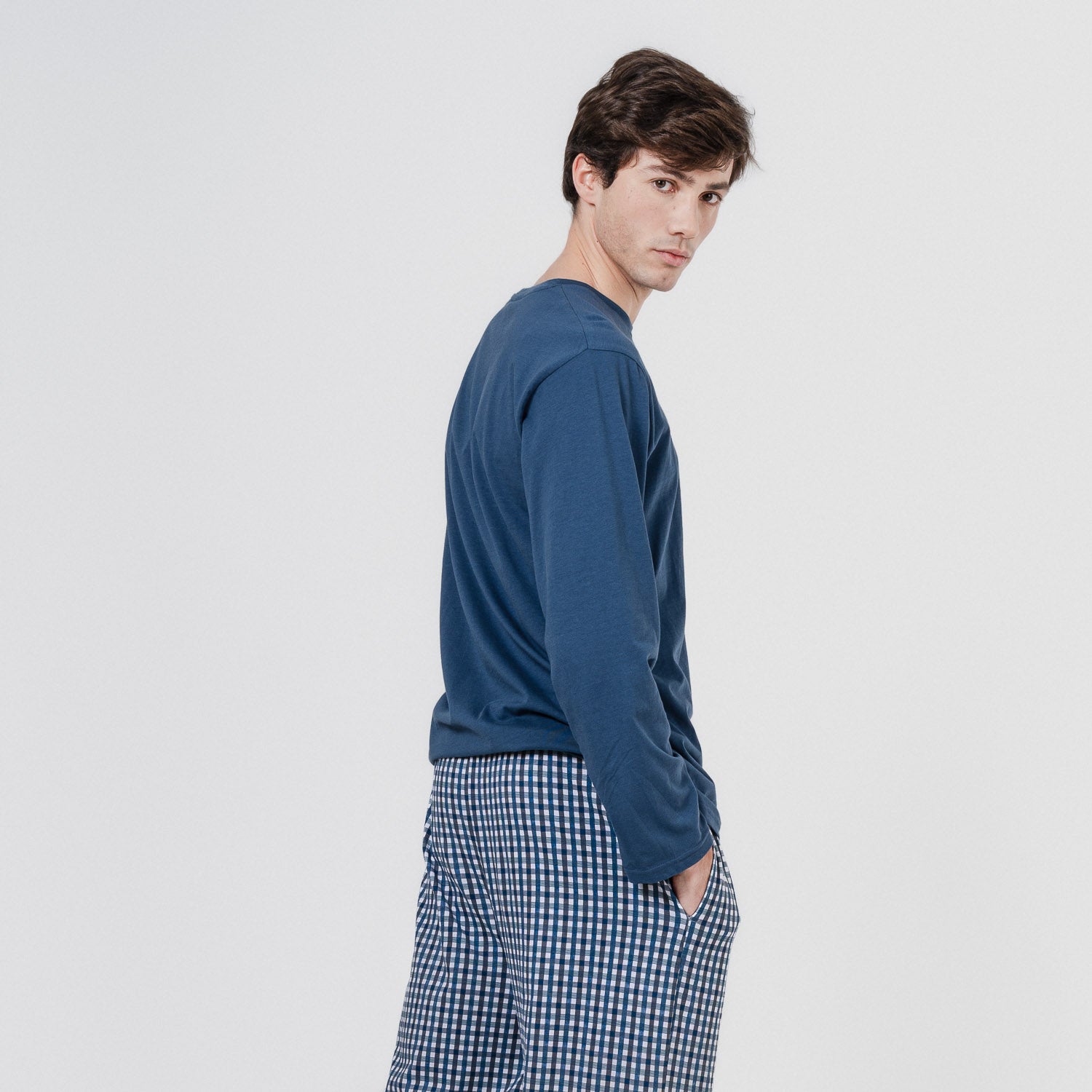 Pijama largo de hombre de algodón de cuadro joshua azul marino