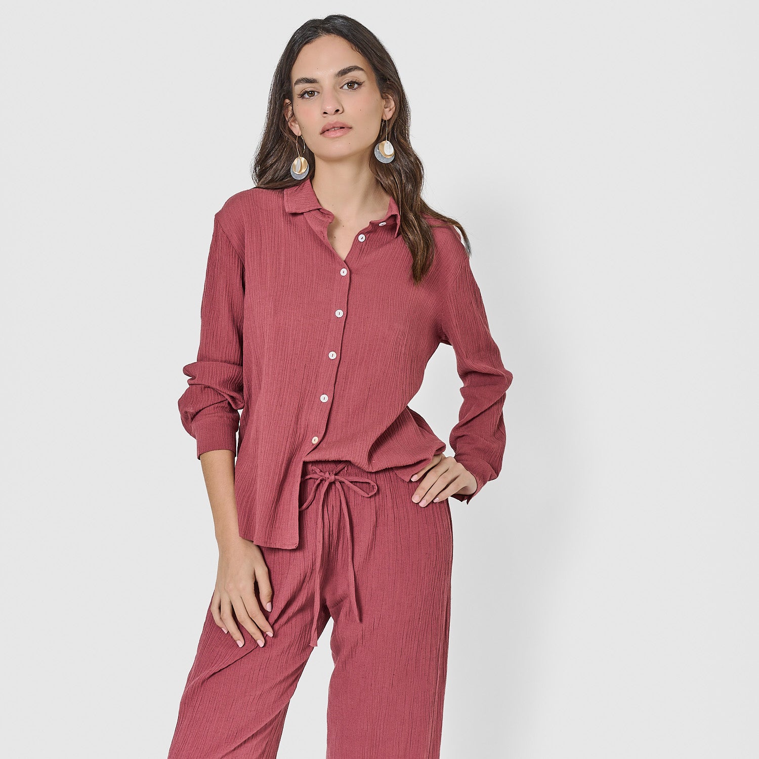 Camisa de algodón flex cuello camisero malva/rosa