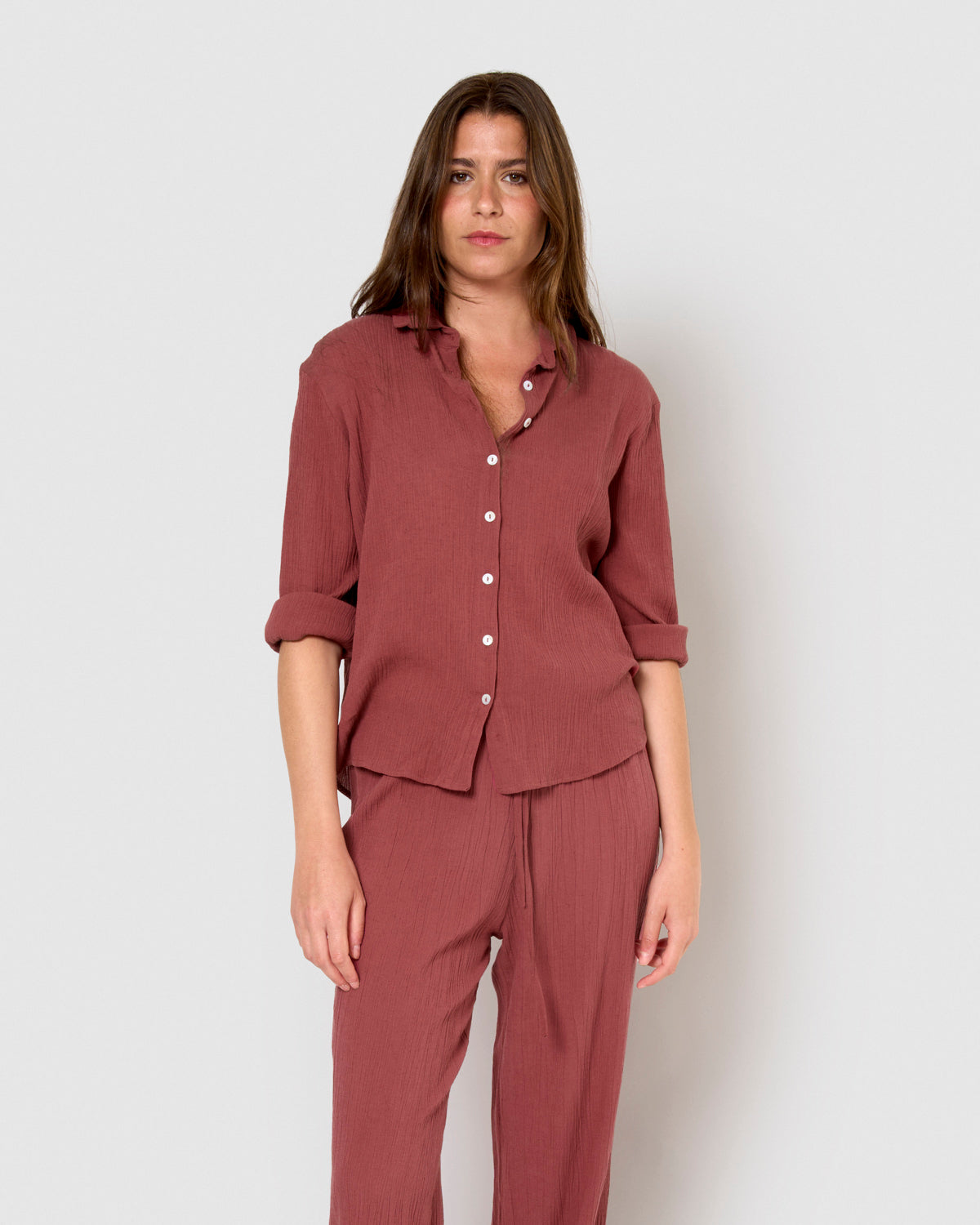 Camisa algodón lino malva/rosa