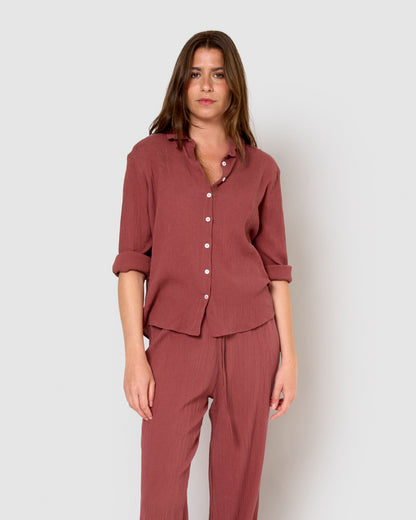 Camisa algodón lino malva/rosa