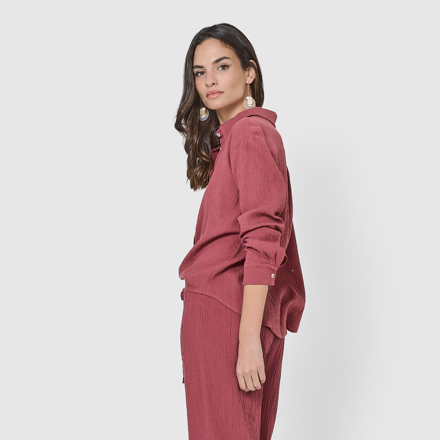 Camisa de algodón flex cuello camisero malva/rosa