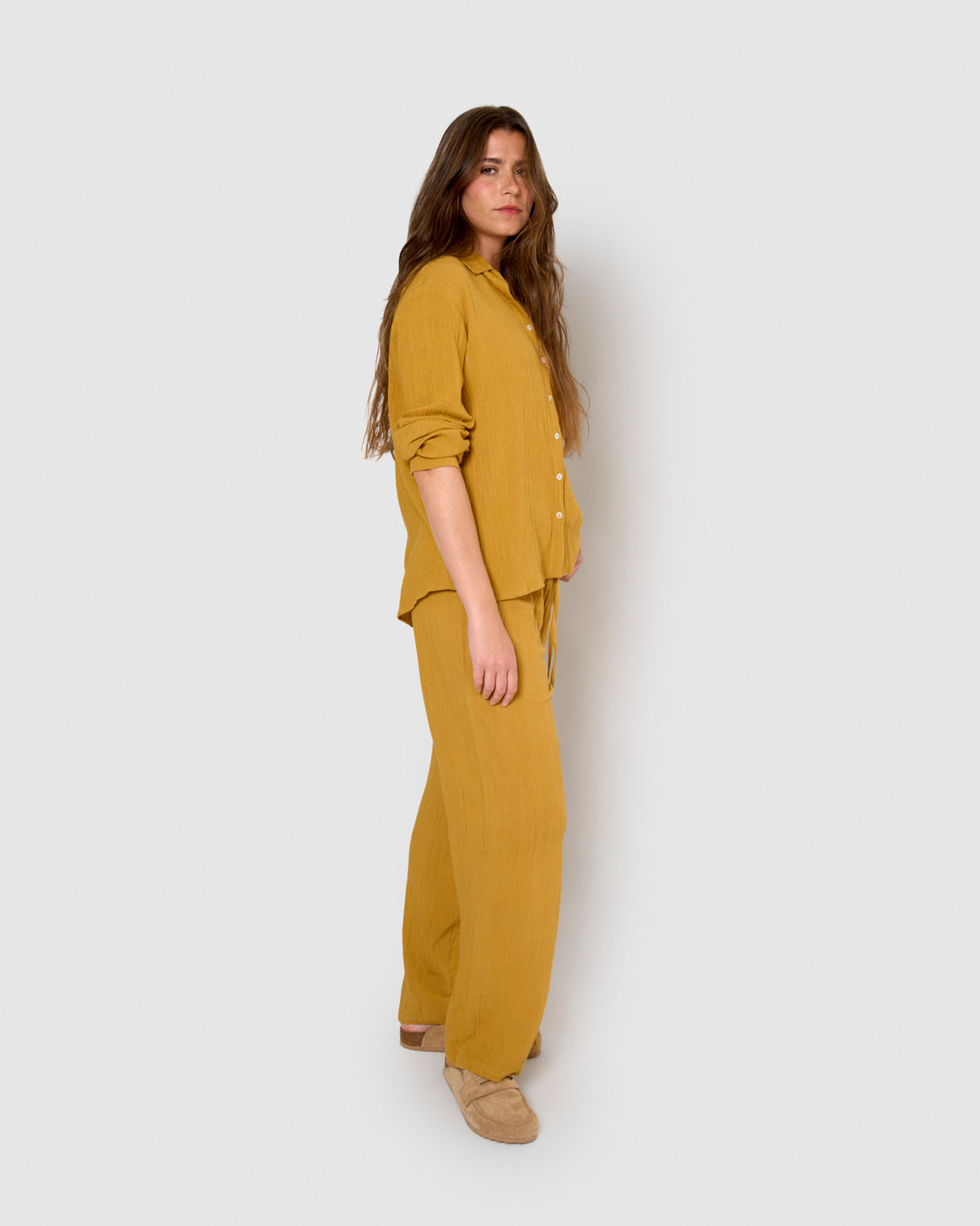 Camisa algodón lino ocre