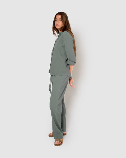 Camisa algodón lino verde azulado