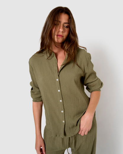 Camisa algodón lino verde cacería