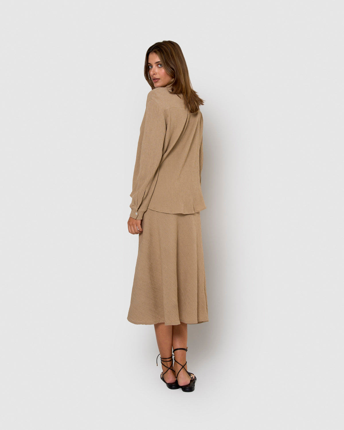 Falda midi evasé algodón lino cuerda