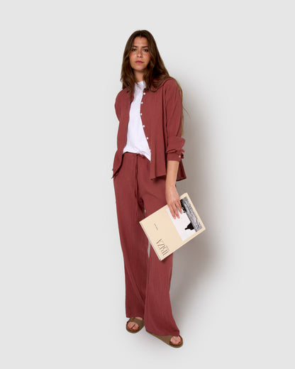 Pantalon en coton et lin mauve/rose