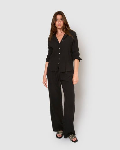 pantalon noir en coton et lin