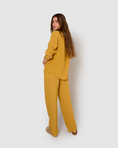 pantalon ocre en coton et lin