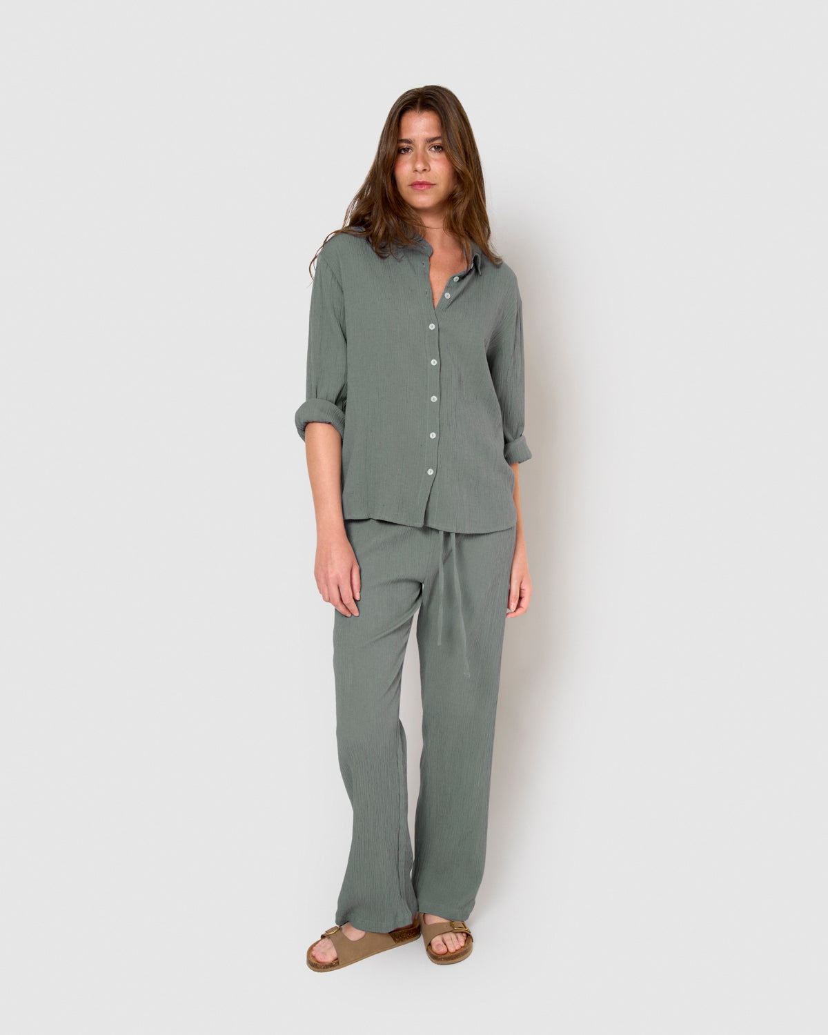 Pantalón algodón lino verde azulado