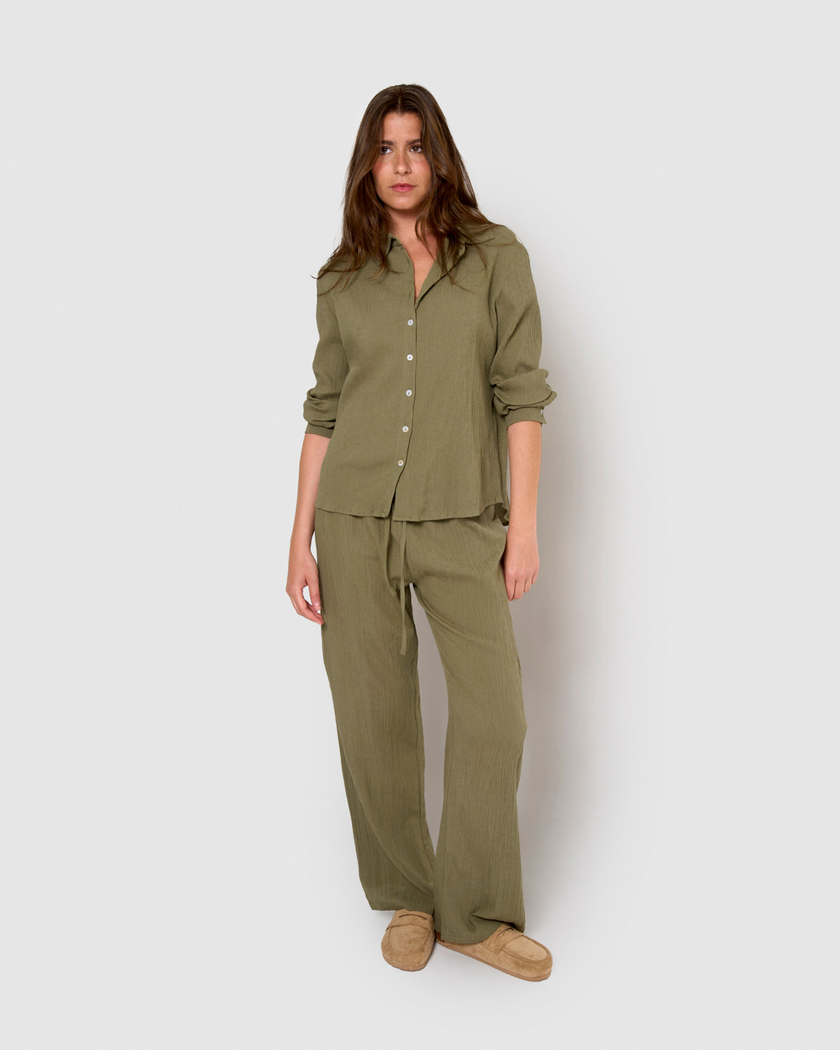 Pantalón algodón lino verde cacería