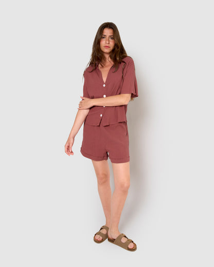 Set de camisa y short de algodón lino malva/rosa