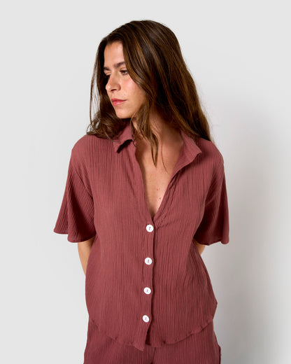 Set de camisa y short de algodón lino malva/rosa