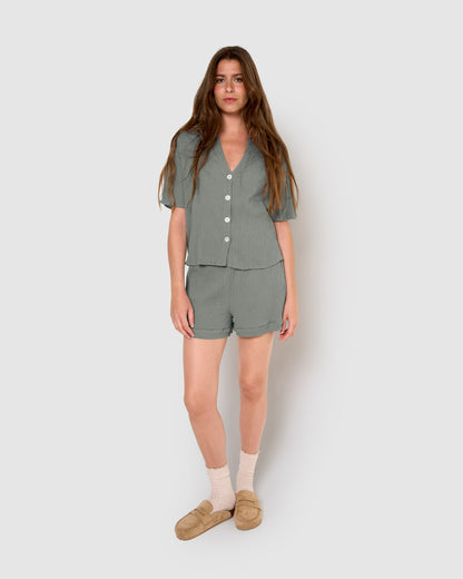 Set de camisa y short de algodón lino verde azulado