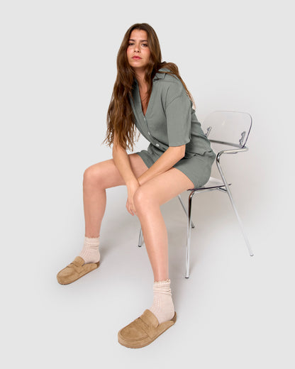 Set de camisa y short de algodón lino verde azulado