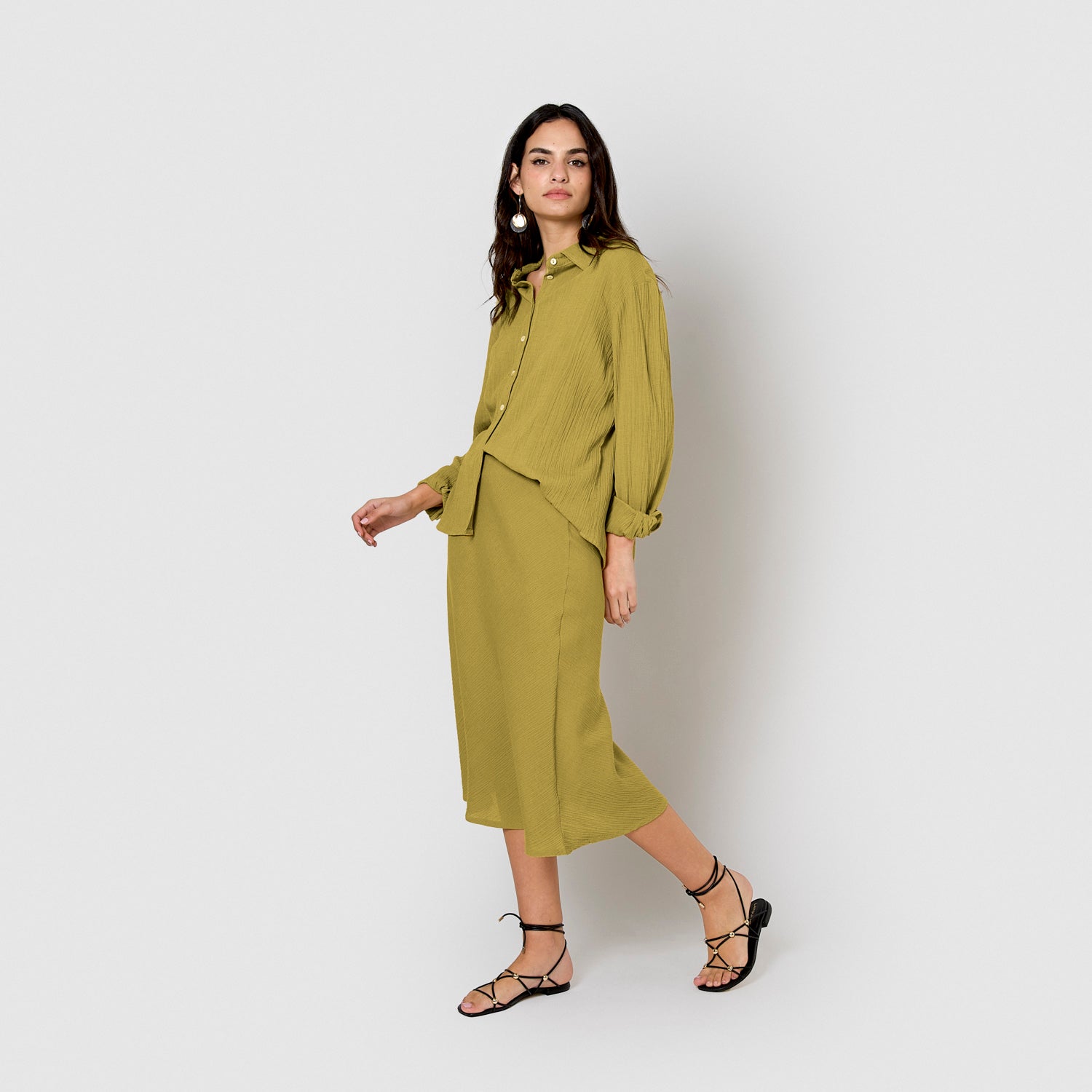 Falda midi evasé algodón lino lima