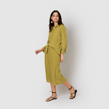 jupe midi évasée en coton et lin vert citron