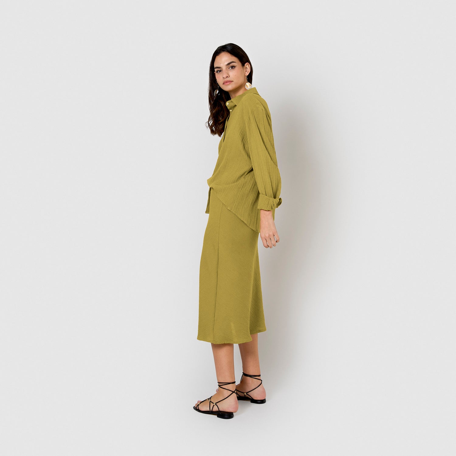 jupe midi évasée en coton et lin vert citron